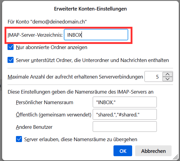 INBOX Server Verzeichnis angeben