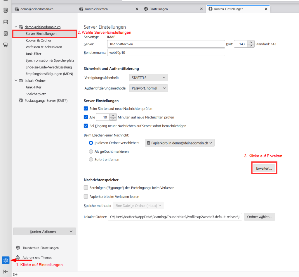 Server Einstellungen in Thunderbird