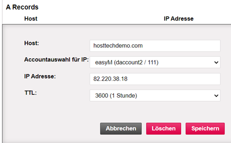 Beispiel von einem A-Records. Host ist immer deine Domain, die IP Adresse kann automatisch durch das hosting generiert sein oder dein eigener Server.