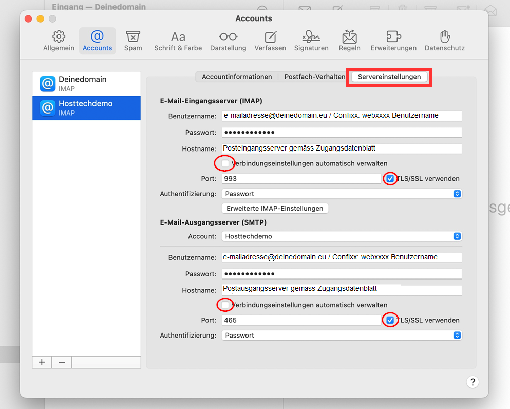 Apple Mail Konfiguration:
Nimm den Haken unter E-Mail-Eingangsserver (IMAP) beim Punkt «Verbindungseinstellungen automatisch verwalten» raus
Trage beim Port 993 oder was auf deinem Zugangsdatenblatt steht ein. Setze den Haken bei «TLS/SSL verwenden»
Klicke auf «Erweiterte IMAP-Einstellungen» und prüfe dass hier unter «IMAP-Pfad-Präfix» INBOX steht

Nimm den Haken unter E-Mail-Ausgangsserver (SMTP) beim Punkt «Verbindungseinstellungen automatisch verwalten» raus
Trage beim Port 465 oder was auf deinem Zugangsdatenblatt steht ein. Setze den Haken bei «TLS/SSL verwenden»