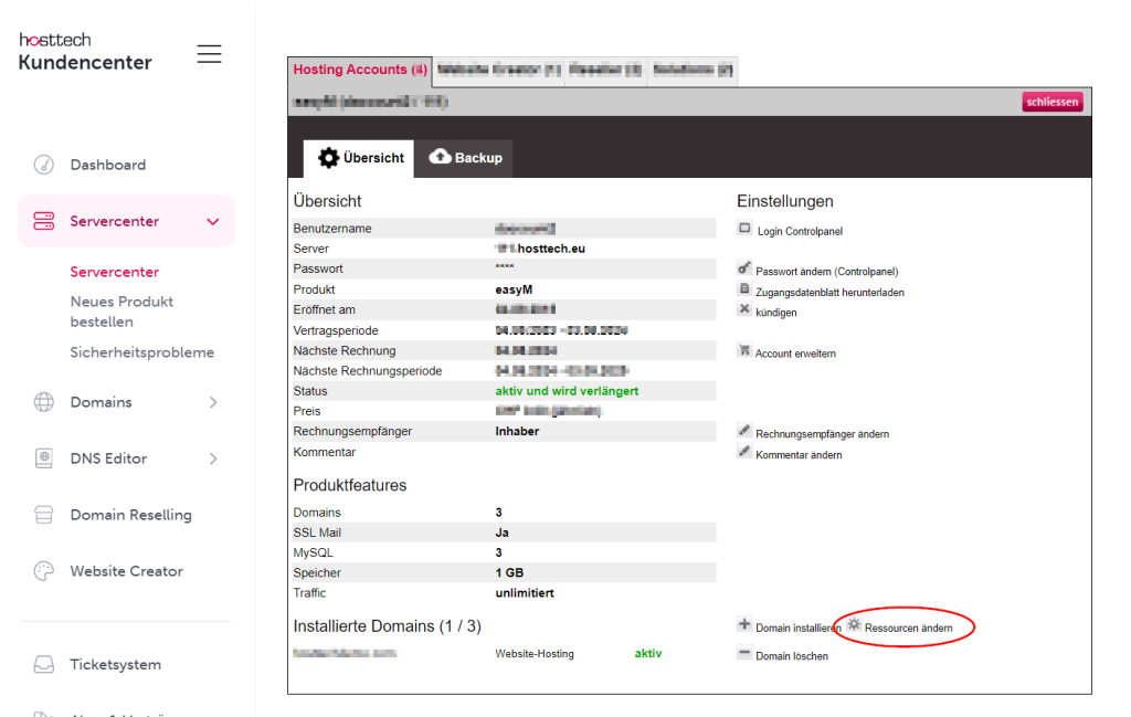 Ressourcenaufteilung unter Servercenter > Servercenter > Hosting (nur bei Plesk möglich). unten rechts auf "Ressourcen ändern"