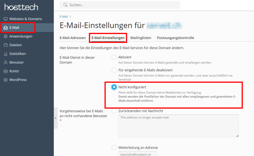 Plesk E-Mail Funktion deaktivieren. Gehe hier auf E-Mail, wechsle zu E-Mail-Einstellungen und setze nicht konfiguriert und speichere die Einstellungen.