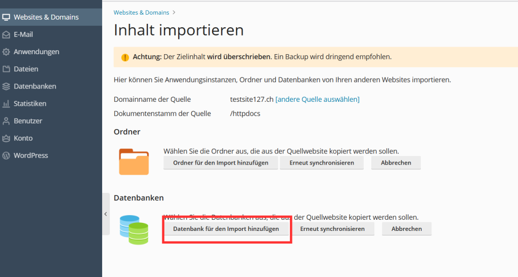 Inhalt importieren. Wähle hier Datenbank für den Import hinzufügen.