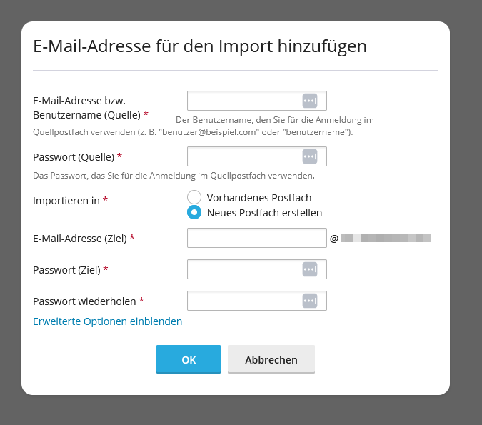 E-Mail-Adresse für den Import hinzufügen. Gib alle Daten an die verlangt werden.