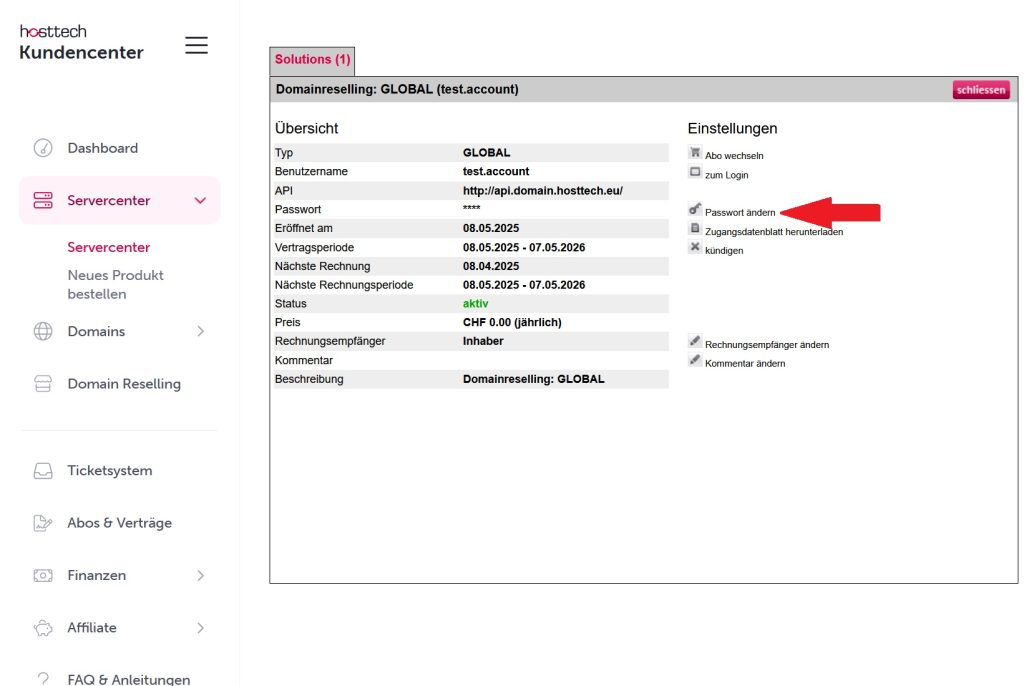 myhosttech.eu Kundencenter öffnen. Unter Servercenter &gt; Servercenter bei Domainreselling das Passwort ändern. 