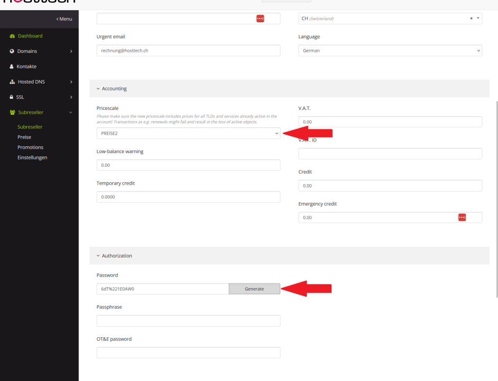 Gehe hierzu in deinen myhosttech-Kundenaccount>Domain Reselling>Experten-Modus>Subreseller, klicke auf einen Subreseller und setzte unter «Abrechnung» eine Preisklasse.