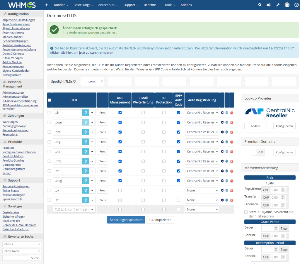 Navigiere zu «Domainpreise» und ändere unter dem Punkt «Auto Registrierung» den Registrar zu «CentralNic Reseller». Speichere die Einstellung.
Klicke bei «Lookup Provider» auf «Ändern» und wähle «CentralNic Reseller» aus. Konfiguriere die gewünschten TLDs und speichere die Einstellungen.