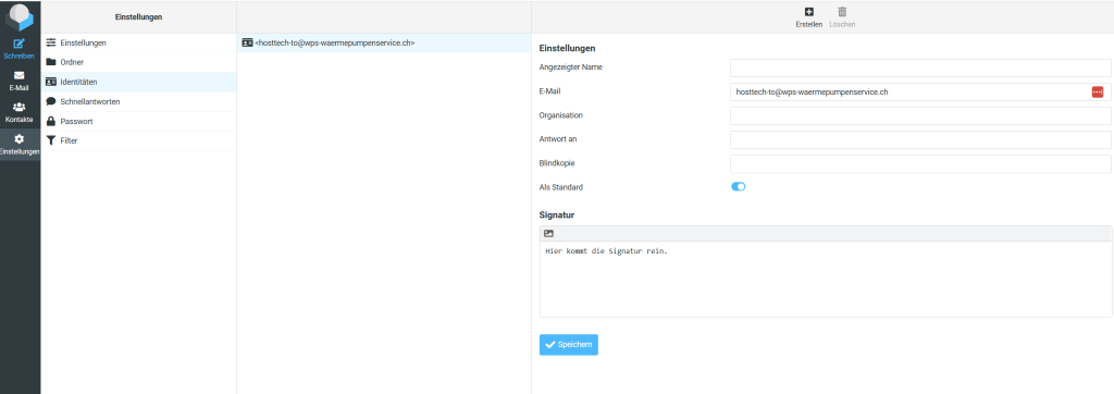 1. Log dich im Webmail ein unter webmail.deinedomain.eu (ersetze deinedomain.eu mit der tatsächlichen).
2. Klicke links auf "Einstellungen".
3. Wähle nun "Identitäten" und klicke auf deine E-Mailadresse.
4. Nun kannst du eine Signatur erstellen welche nur für das Webmail gültig ist. Erstelle den Wunschtext und klick am Ende auf "Speichern".
