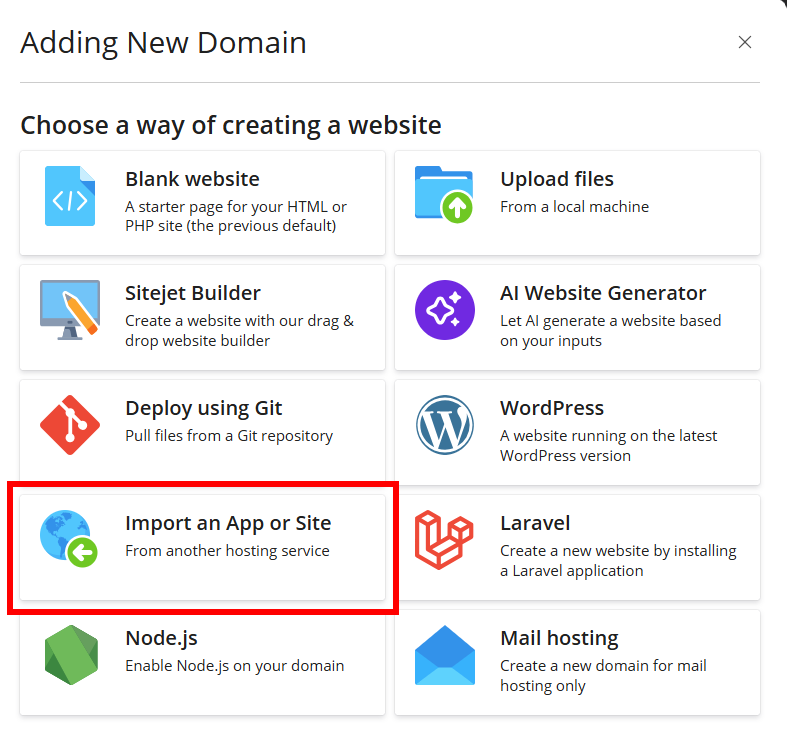 Add Domain und wähle Import an App or Site.