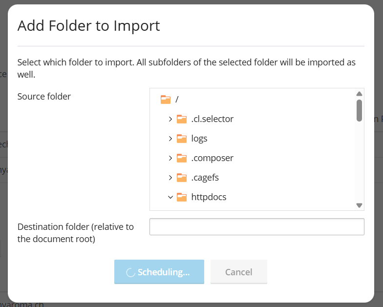 Add Folder to import. Wähle httpdocs aus